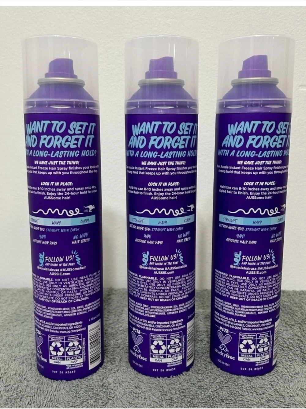 New! Aussie Instant Freeze Hairspray 24 Hour Style Lock Max Hold Lot of 3